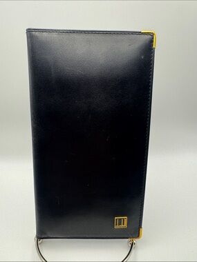 Dunhill Black Leather Folio Phone Case with Gold Corner and Logo Accents